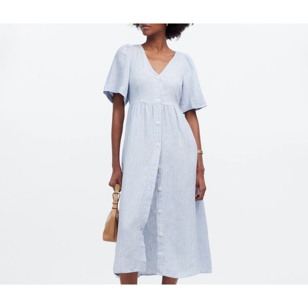 Madewell Cassie 100% Linen Button Front Midi Dress Blue Stripe XS Summer Coastal - Picture 13 of 13